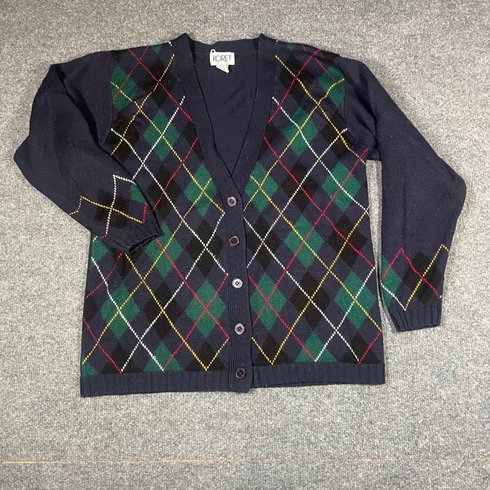 Koret Cardigan Sweater Womens Medium Navy Blue Argyle Wool Blend V-Neck 1697771